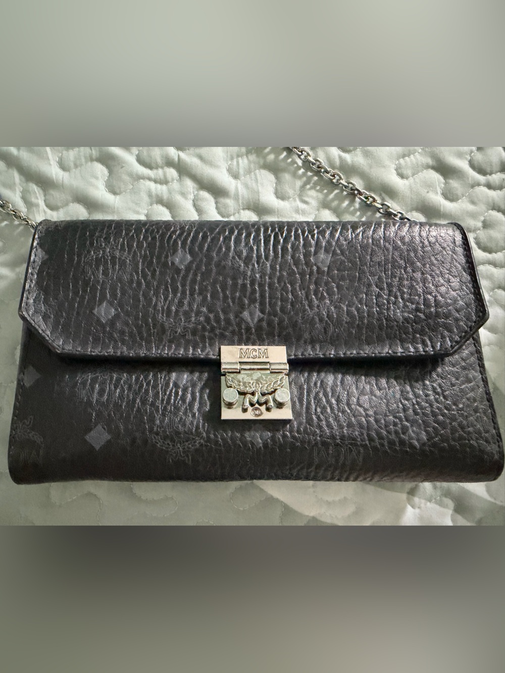 MCM Black Leather Crossbody Clutch with Silver Hardware